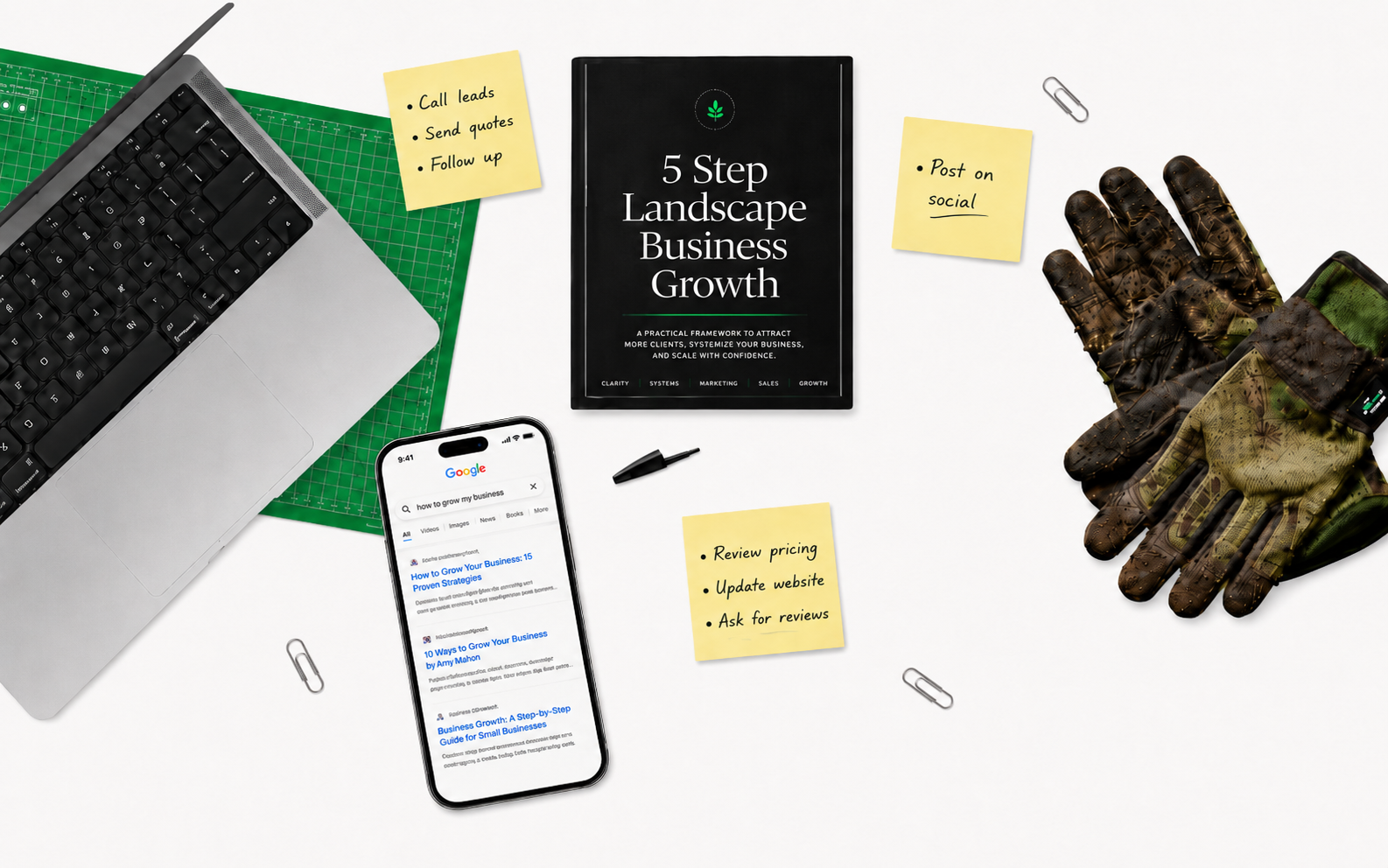 Passive Landscaper 5 Step Landscape Business Growth guide on a workbench with laptop, phone, gloves and sticky notes